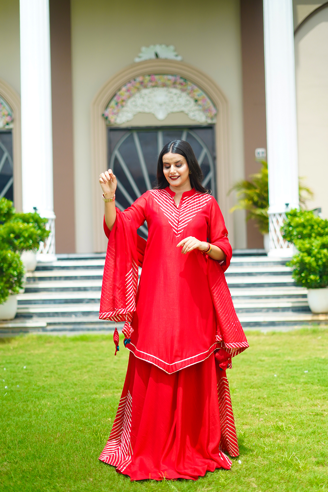 V Glame Red Elegance Kurta Set – V Silk with Gota Work Detailing